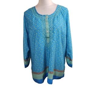Novica Womens Blue Green Floral Print Embroidered Tunic Top Indie Boho Size XXL